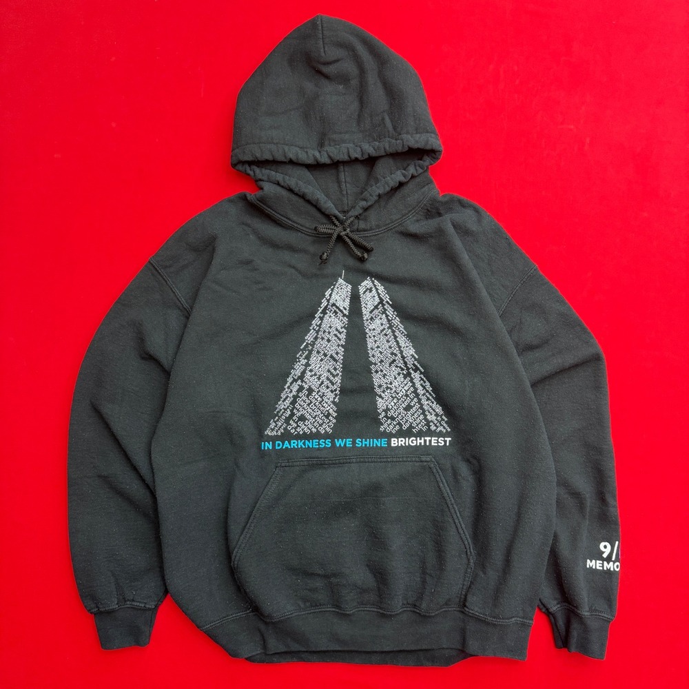VTG Y2K 9/11 Memorial Hoodie L Mens Black In Darkness We Shine Bright Sweatshirt